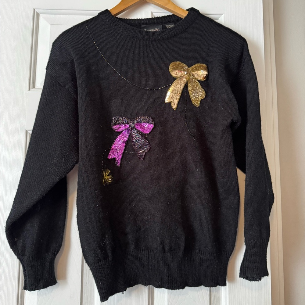 Vintage Beautifully Mine Women's M Black Acrylic Sequin Bow Sweater 0498